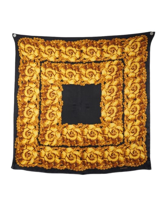 CHANEL Accessories - CHANEL Gold Floral Silk Scarf